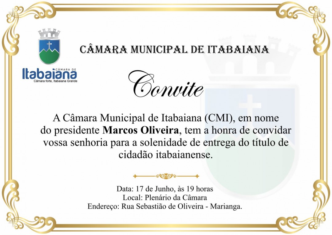 Câmara realizará entrega de Título de Cidadão Itabaianense na próxima sexta, 17